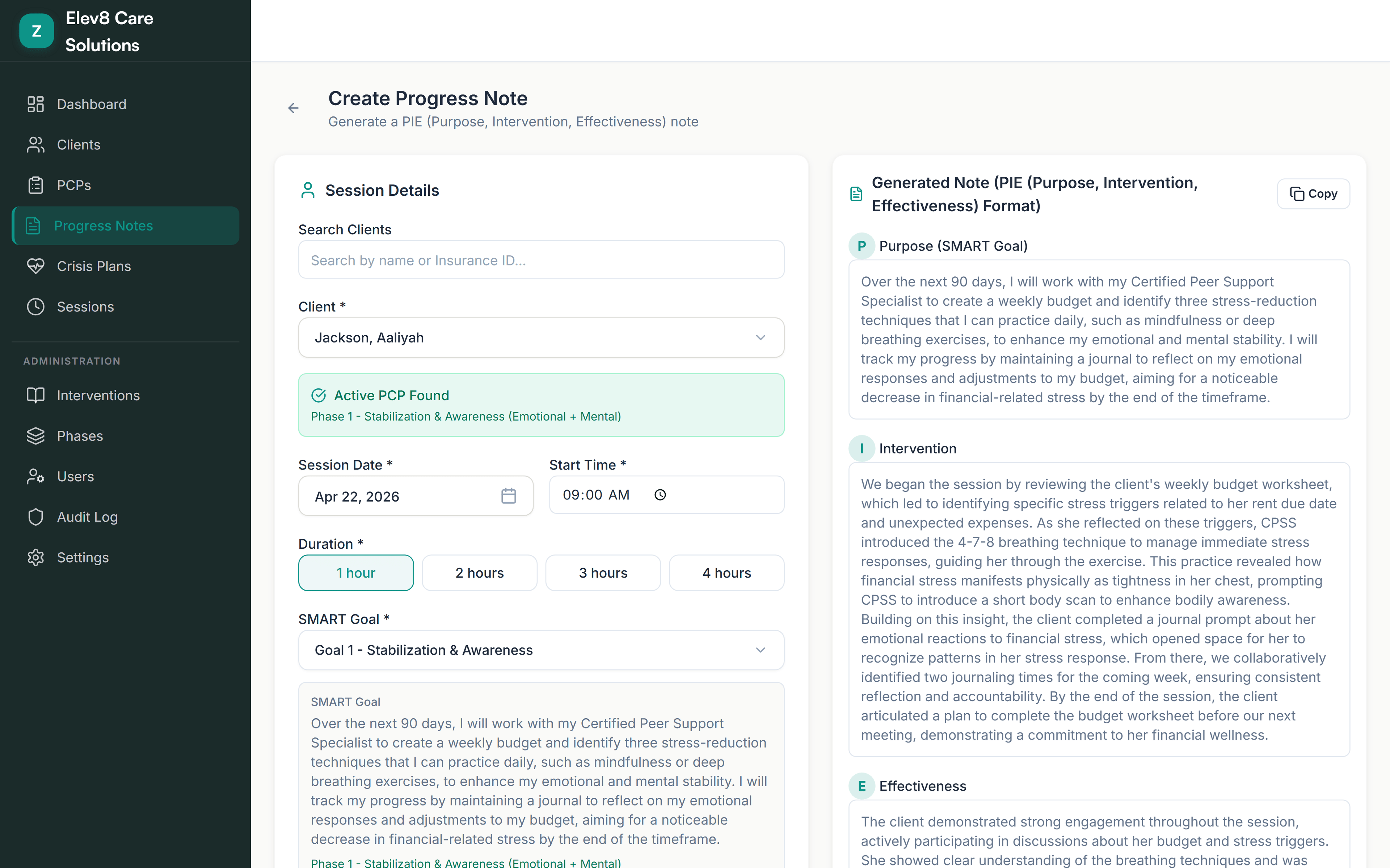 Create Progress Note builder showing a PIE-format generated note with Session Details on the left and AI-drafted purpose, intervention, and effectiveness sections on the right