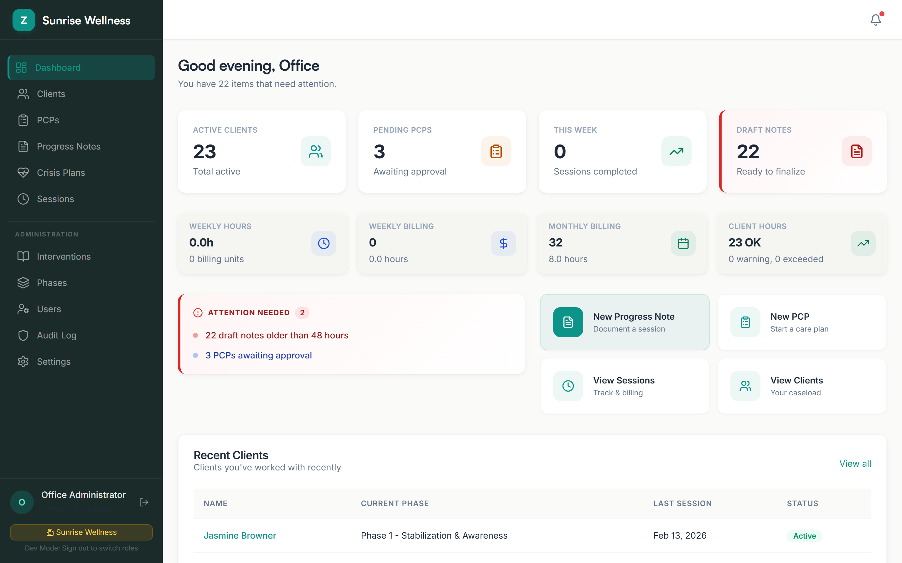 Zentaura clinical dashboard showing an in-progress SOAP note with live compliance checks and care plan synthesis